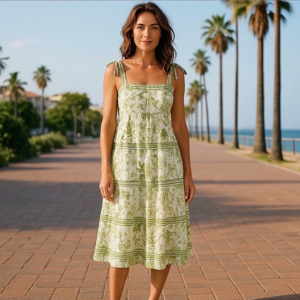 Sweet Wanderer Green white Boho Floral Print Tiered Maxi Dress Bow Strap XL - Picture 1 of 8